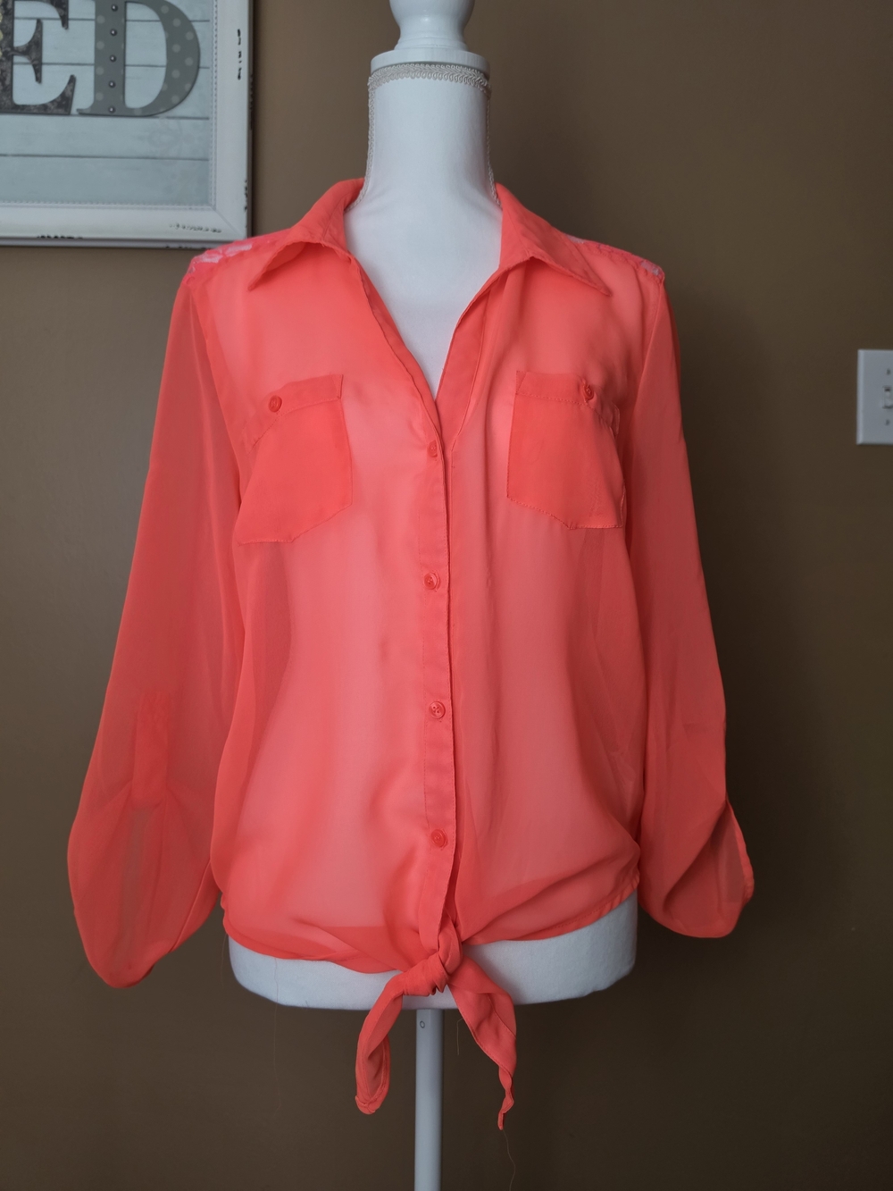 lei Neon Coral Tie-Front Sheer Button-Up Blouse